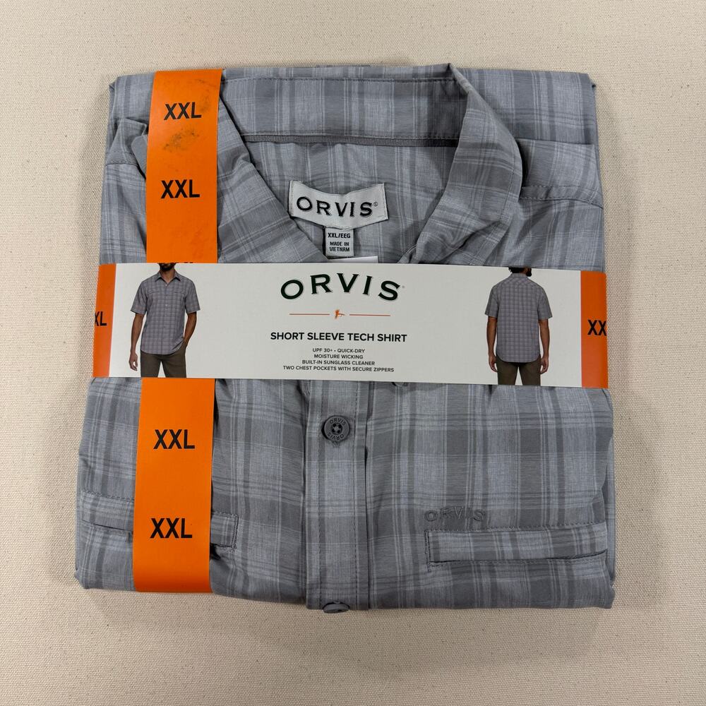 NWT Orvis Men's XXL Short Sleeve Tech Shirt Gray Plaid UPF 30+ Moisture Wicking